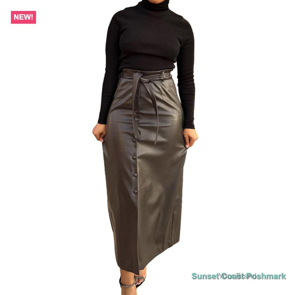 Faux PU Leather Maxi Skirt with Belt Button Down Front Slit
